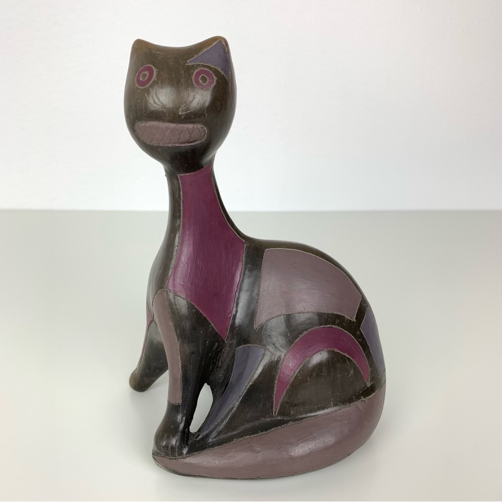 Art Pottery Cat Sculpture Figure Manuel Felguerez-style Black Purple Vtg Animal